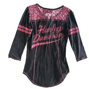 Harley Davidson top blouse Pink Grey Lace Henley 3/4 sleeve XS sexy biker hot